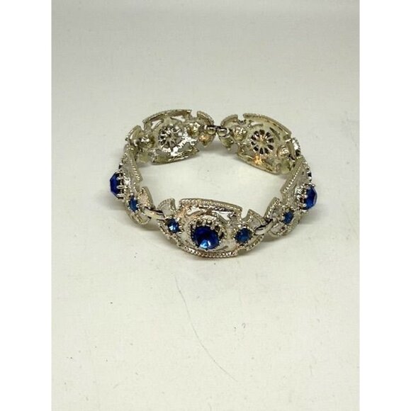 Vintage Coro Blue Rhinestone and Silver Tone Linked Bracelet - Picture 2 of 8